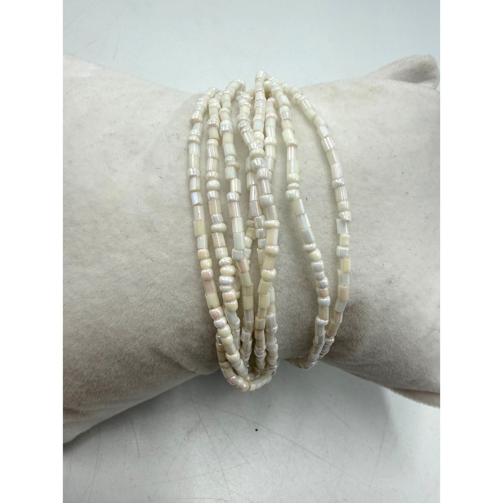 Multi Strand Iridescent White Seed Bead Bracelet Silver Tone Lobster Clasp 8.5in